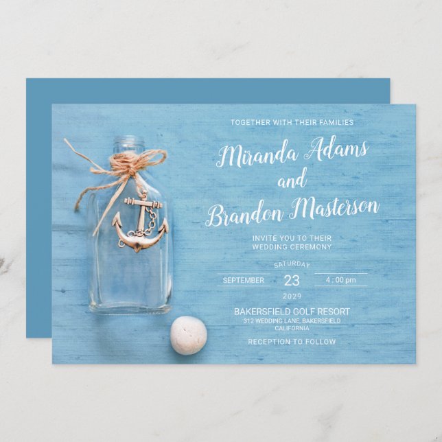 Invitation Bleu rustique, Petit Flacon, Ancre, Mariage plage (Devant / Derrière)