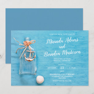 Invitation Bleu rustique, Petit Flacon, Ancre, Mariage plage