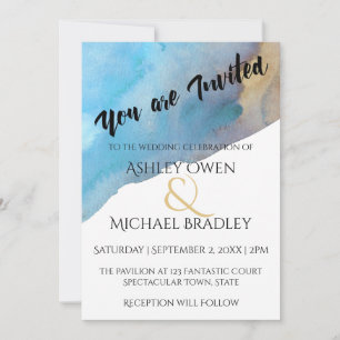 Invitation Bleu & Sable Abstrait Aquarelle Mariage 2