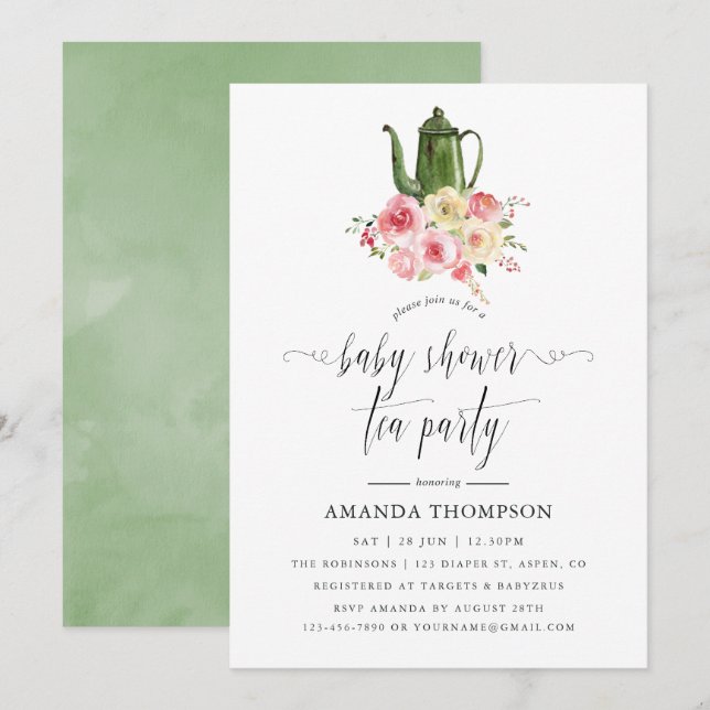 Invitation Bleu & Sage Green Baby shower Floral Tea Party (Devant / Derrière)