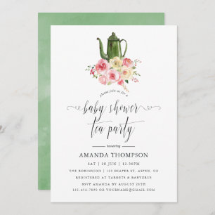 Invitation Bleu & Sage Green Baby shower Floral Tea Party