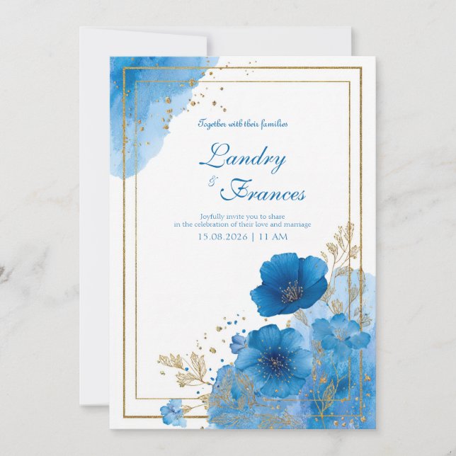 Invitation Bleu Saphir Profond Floral Aquarelle Feuille D'or (Devant)
