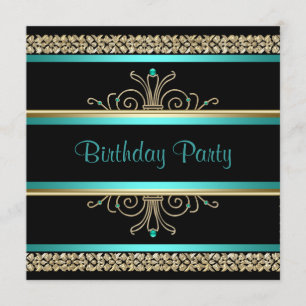 Invitation Bleu sarcelle Aqua Or Noir Fête d'anniversaire de 