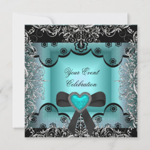 Invitation Bleu sarcelle argent noir dentelle élégante fête