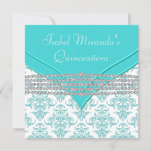 Invitation Bleu sarcelle Blanc Damassé Diamant Quinceanera (Devant)