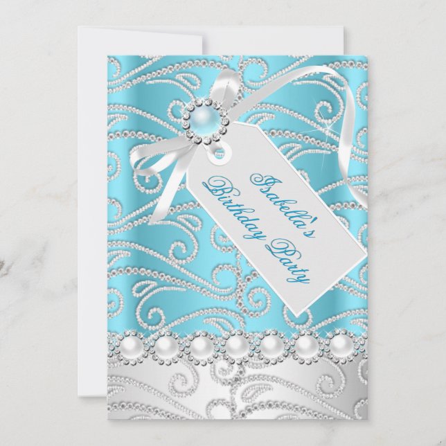 Invitation Bleu sarcelle Blanc Perle Diamants Fête d'annivers (Devant)