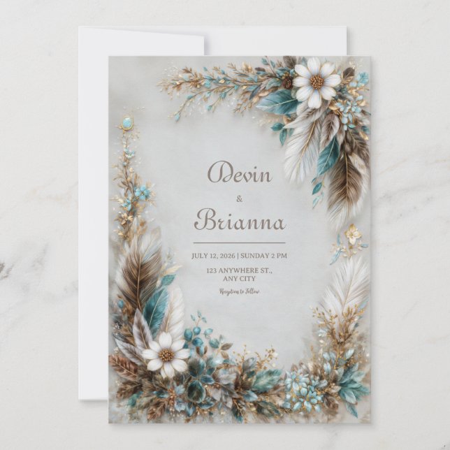 Invitation Bleu sarcelle Brun plume Blanc Floral Mariage (Devant)