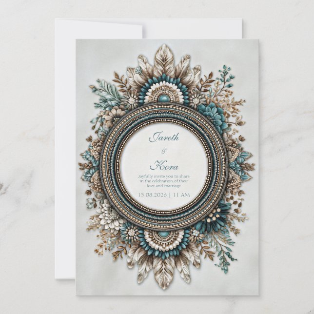 Invitation Bleu sarcelle Brun Plume Floral Rustique Mariage (Devant)
