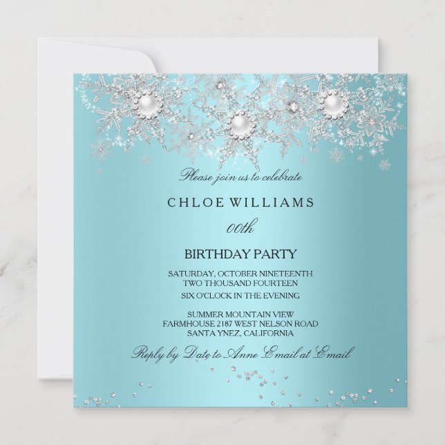 Invitation Bleu sarcelle Cristal Perle Flocon de neige Argent (Devant)