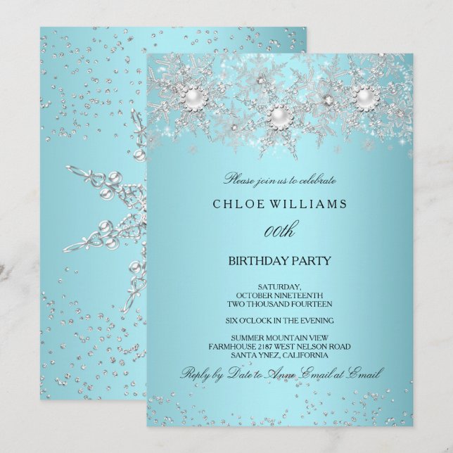 Invitation Bleu sarcelle Cristal Perle Flocon de neige Argent (Devant / Derrière)