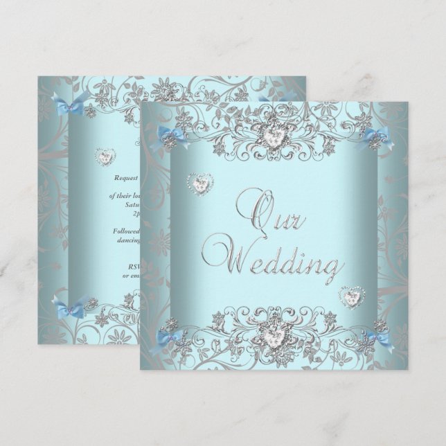 Invitation Bleu sarcelle Damassé Mariage Cœurs Diamant Argent (Devant / Derrière)