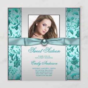 Invitation Bleu sarcelle damassé photo seize ans anniversaire