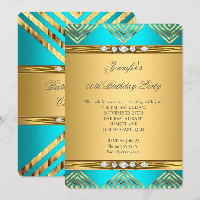 Invitation Bleu sarcelle déco rayure or diamant fête (Devant / Derrière)
