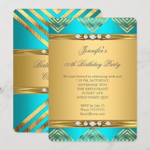 Invitation Bleu sarcelle déco rayure or diamant fête