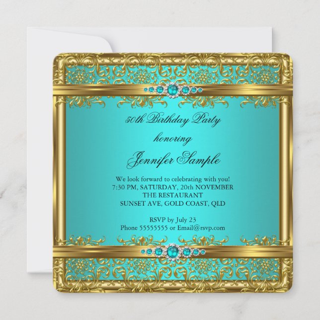 Invitation Bleu sarcelle élégant doré damassé anniversaire di (Devant)