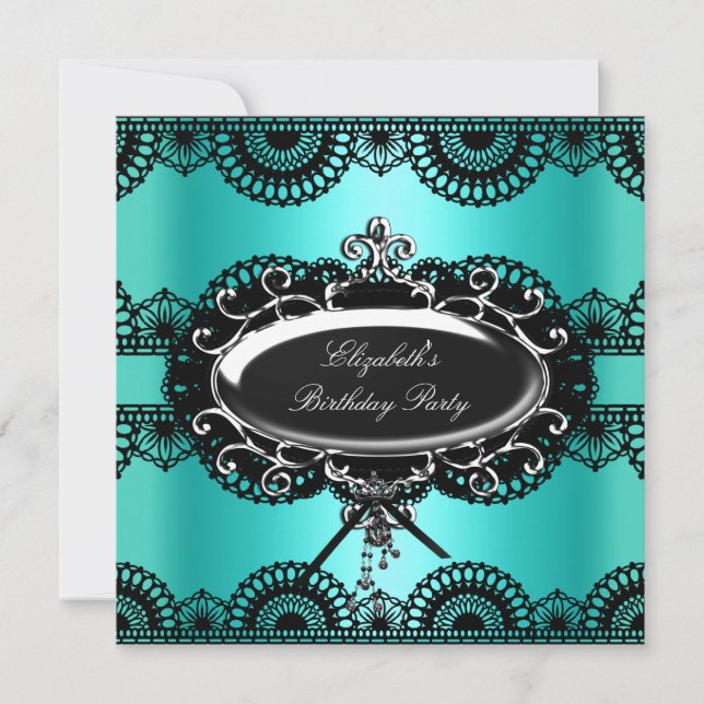 Invitation Bleu sarcelle élégant Noir Argent Broderie Anniver (Devant)