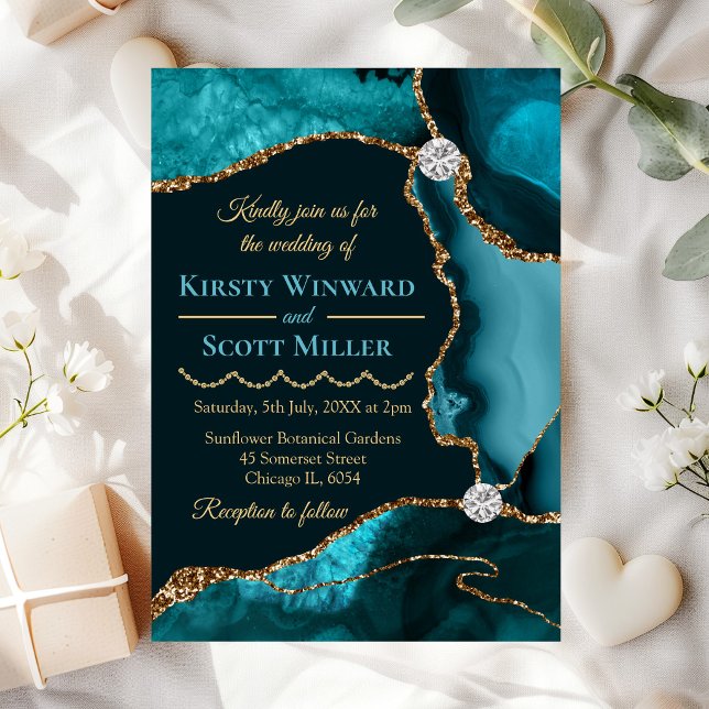 Invitation Bleu sarcelle et or paillettes de mariage en agate (Créateur téléchargé)