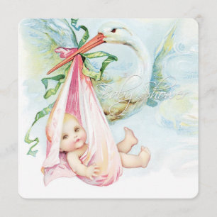 Invitation Bleu sarcelle et rose Baby Shower vintage cigogne