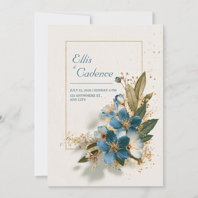 Invitation Bleu sarcelle foncé avec taches dorées, floral aqu (Devant)