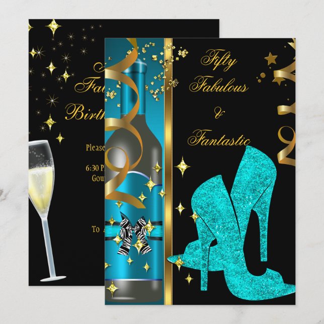 Invitation Bleu Sarcelle Or 50 & Fabuleux Fantastique Anniver (Devant / Derrière)