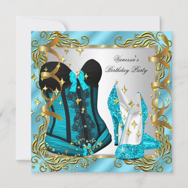 Invitation Bleu sarcelle or argent corset talon haut fête (Devant)