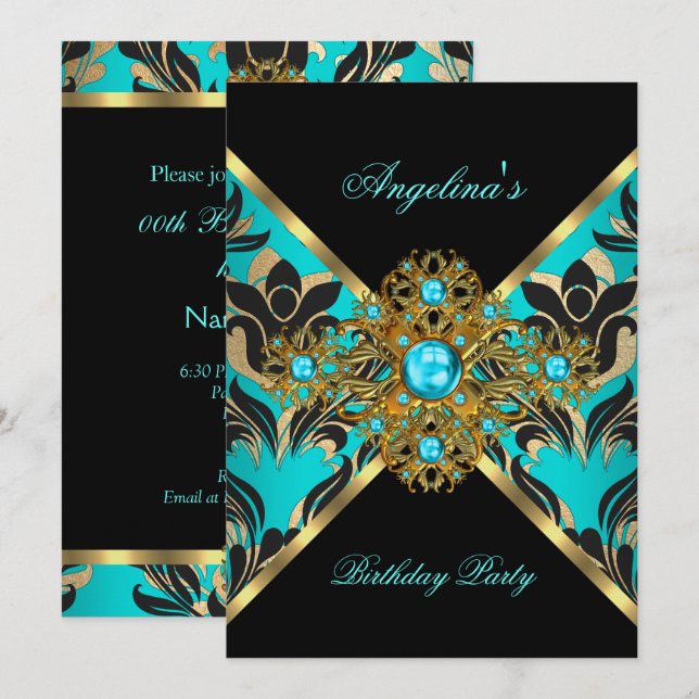 Invitation Bleu sarcelle Or Noir Damassé Fleur Anniversaire F (Devant / Derrière)