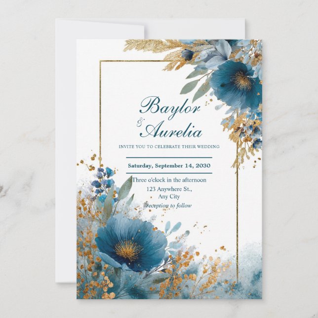 Invitation Bleu sarcelle profond Paillettes de feuille d'or A (Devant)