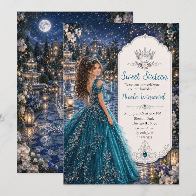 Invitation Bleu sarcelle Sweet 16 Princesse Jardin (Devant / Derrière)