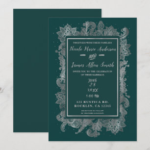Invitation Bleu sarcelle vert et argent Élégant floral mariag
