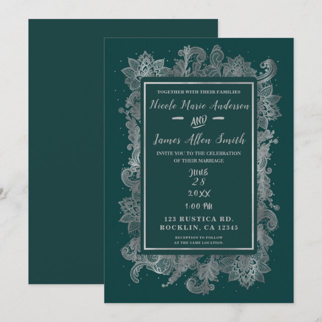 Invitation Bleu sarcelle, vert et argent Élégant mariage flor (Devant / Derrière)