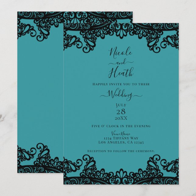 Invitation Bleu sarcelle vert et noir dentelle mariage élégan (Devant / Derrière)