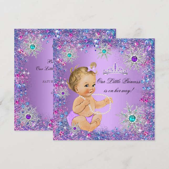 Invitation Bleu sarcelle Violet Rose Princesse Baby Shower Bl (Devant / Derrière)