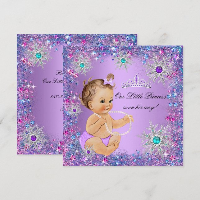 Invitation Bleu sarcelle Violet Rose Princesse Baby Shower Br (Devant / Derrière)