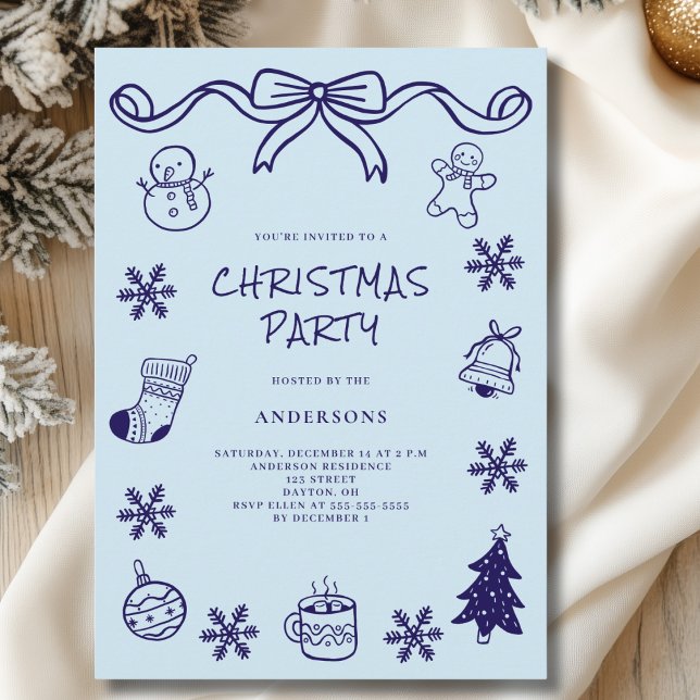 Invitation Bleu Scribble main dessinée fête de Noël (Créateur téléchargé)