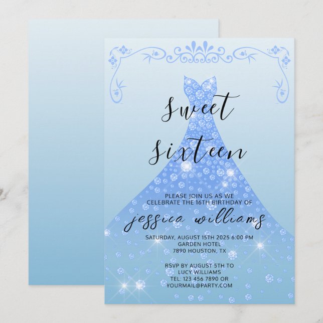 Invitation Bleu Sequin Ball Gown & Swirls Sweet 16 Anniversai (Devant / Derrière)