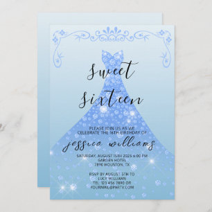 Invitation Bleu Sequin Ball Gown & Swirls Sweet 16 Anniversai