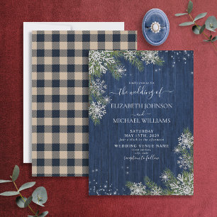 Invitation Bleu Silver Hiver Bois Plaid Rustique Mariage