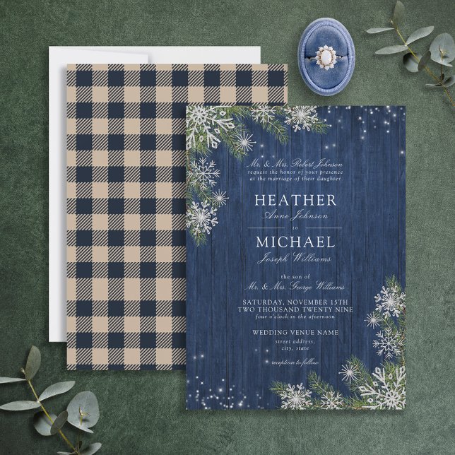 Invitation Bleu Silver Hiver Bois Plaid Rustique Mariage (Créateur téléchargé)