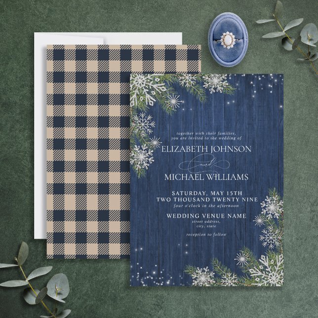 Invitation Bleu Silver Hiver Bois Plaid Rustique Mariage (Créateur téléchargé)