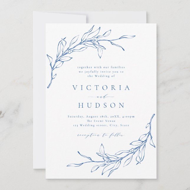Invitation Bleu simple couronne botanique mariage rustique (Devant)