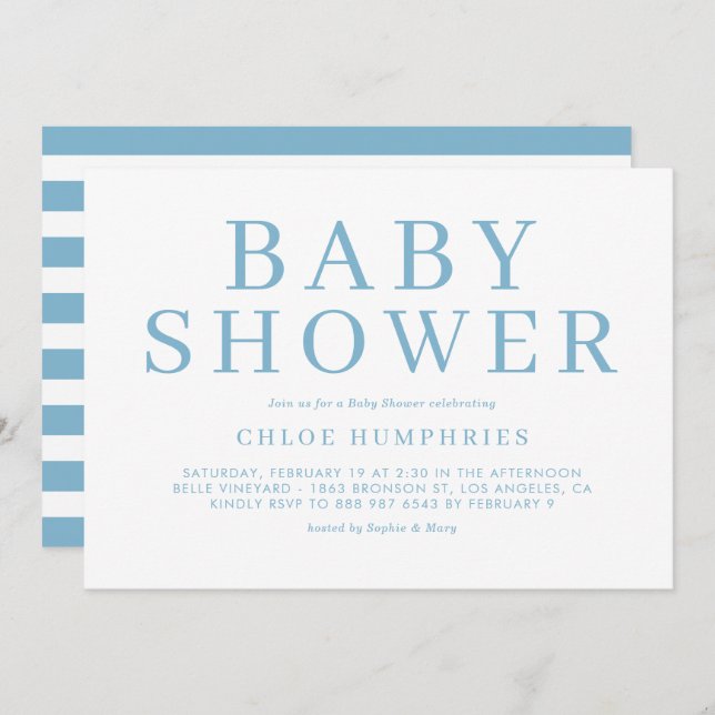 Invitation Bleu Simple Typographie Stripes Baby shower garçon (Devant / Derrière)