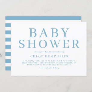 Invitation Bleu Simple Typographie Stripes Baby shower garçon