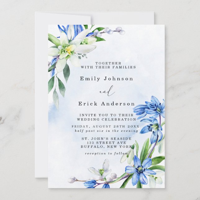 Invitation Bleu Snowdrops Scilla Spring Floral Mariage (Devant)