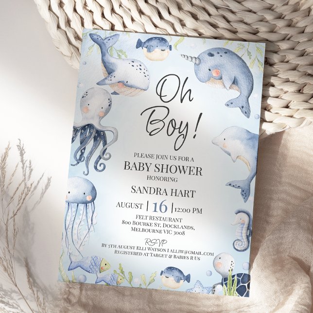 Invitation Bleu sous la mer Créatures Baby shower garçons (Boys Under The Sea Baby Shower Invitation Template, Editable Ocean Themed Baby Shower Invitation )