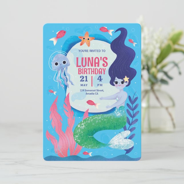Invitation Bleu Sous La Mer, Fille Bleue Anniversaire (Debout devant)