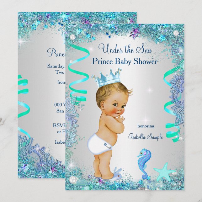 Invitation Bleu sous la mer Prince Baby shower Blonde Baby (Devant / Derrière)