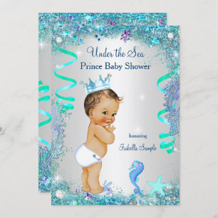 Invitation Bleu sous la mer Prince Baby shower Brunette Boy