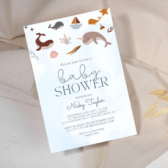 Invitation Bleu sous mer Boho mignon Baby shower baleine (Créateur téléchargé)