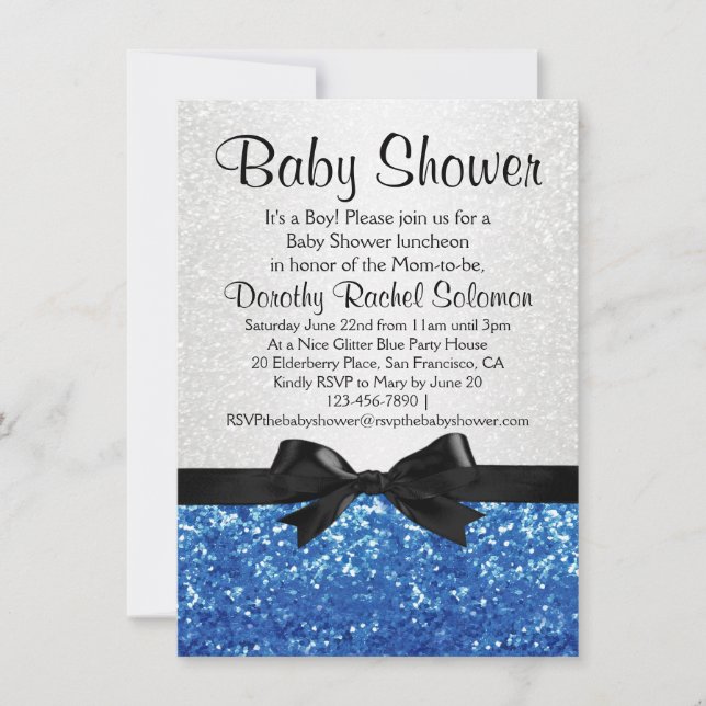 Invitation Bleu Sparkle-look Bow Boy's Baby shower (Devant)
