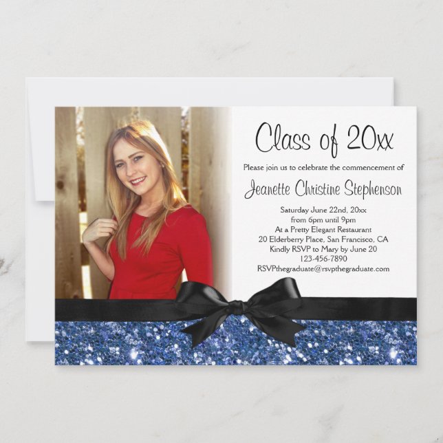 Invitation Bleu Sparkle-look ruban Bow Photo Graduation (Devant)